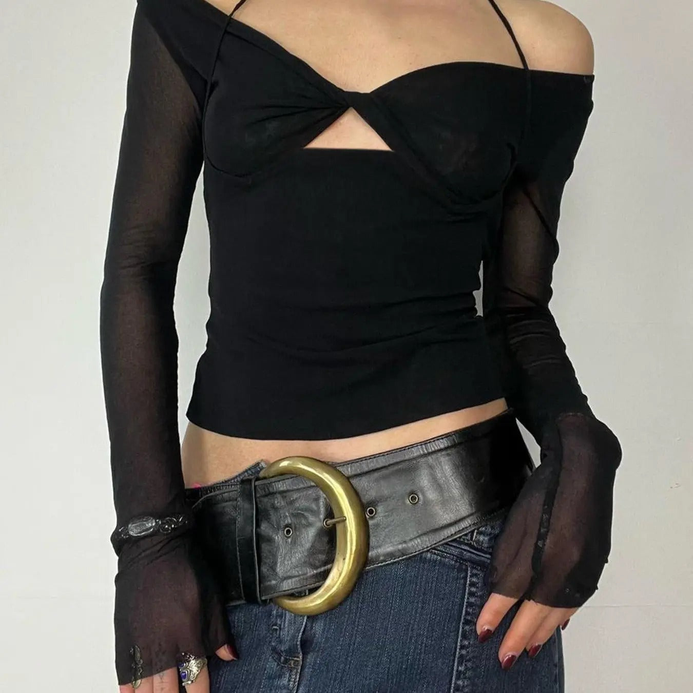 Women'WB shield Contrast Mesh Twist Cut Out Sheer Halter Top, Fashion Long Sleeve Top for Spring & Fall, Women'WB shield...