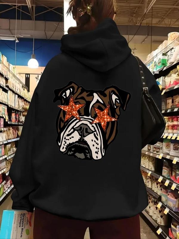 Women'WB shield Contrast Sequin Dog Head Design Hoodie, Fashion Casual Drawstring Pocket Hooded Sweatshirt for Daily...