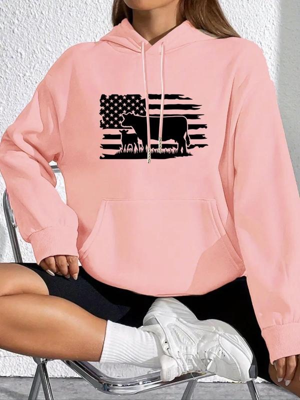 Women'WB shield Cow & American Flag Print Drop Shoulder Hoodie, Fashion Casual Drawstring Pocket Hooded Sweatshirt for...