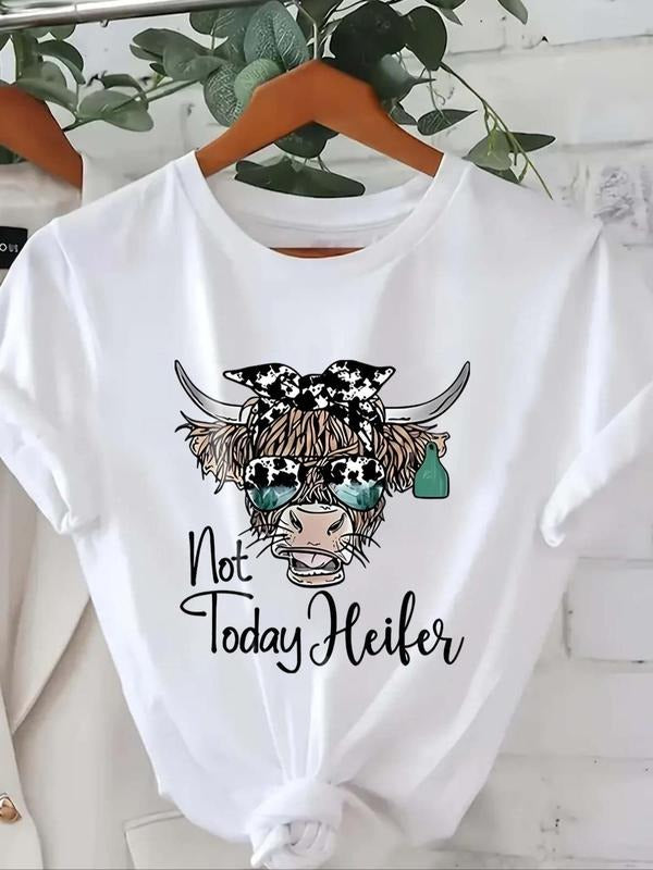 Women'WB shield Cow & Letter Print Round Neck Tee, Casual Short Sleeve Graphic T-shirt, Ladies Summer Outfit Hoodie,...