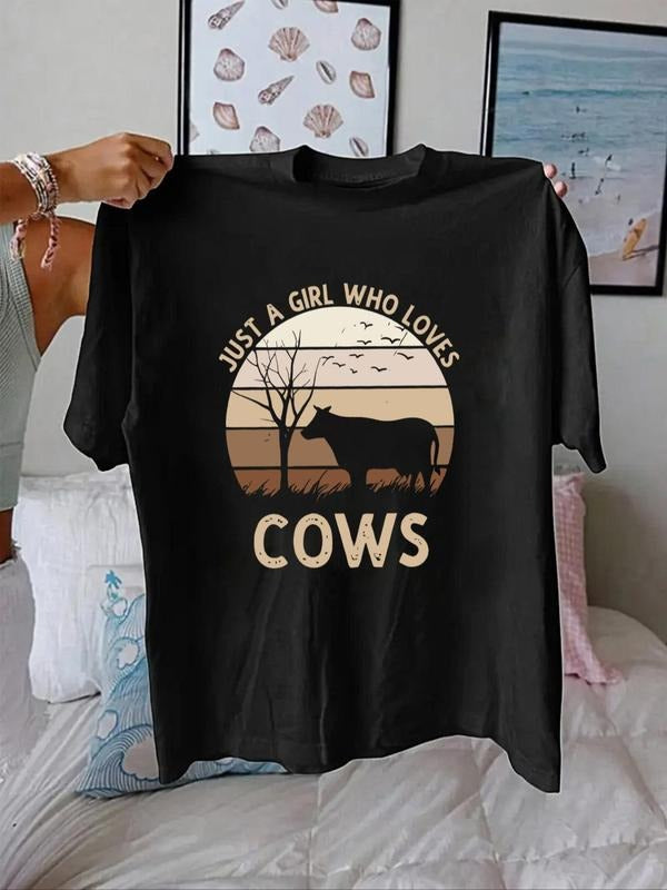 Women'WB shield Cow & Letter Print Round Neck Tee, Fashion Casual Short Sleeve T-shirt, Ladies Summer TNF for Daily Wear...