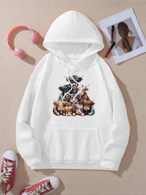 Women'WB shield Cow Print Drop Shoulder Hoodie, Fashion Casual Drawstring Pocket Hooded Sweatshirt for Daily Holiday...