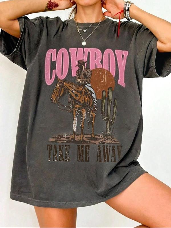 Women'WB shield Cowboy & Cactus Print Round Neck Tee, Vintage Trendy Casual Short Sleeve T-shirt for Daily Wear, Ladies...