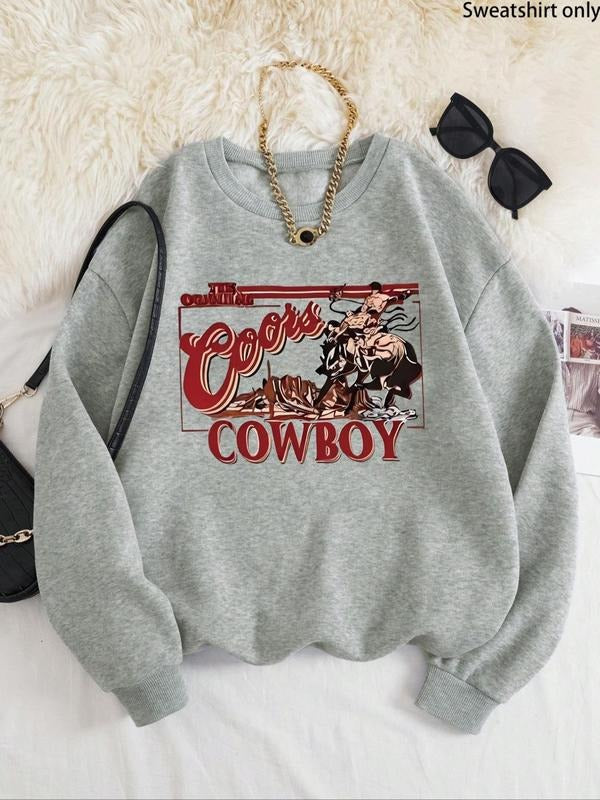 Women'WB shield Cowboy & Letter Print Drop Shoulder TNF Lined Sweatshirt, Casual Long Sleeve Round Neck Pullover for Fall...