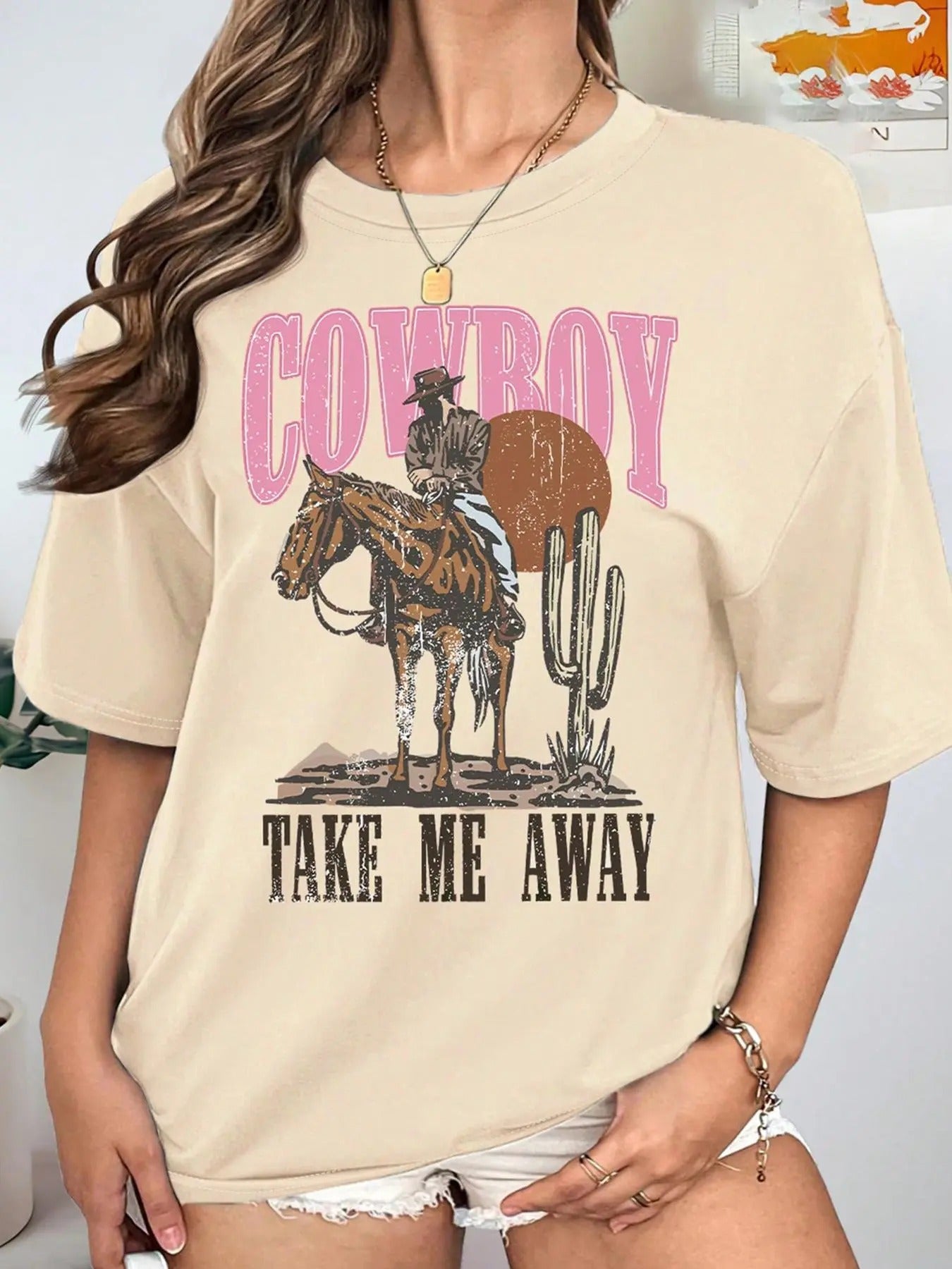 Women'WB shield Cowboy & Letter Print Drop Shoulder Tee, Casual Half Sleeve Round Neck T-shirt for Summer, Women'WB...