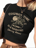 Women'WB shield Cowboy & Letter Print Round Neck Crop Tee, Vintage Trendy Casual Short Sleeve T-shirt for Daily Wear, Ladies Summer Outfit style 02