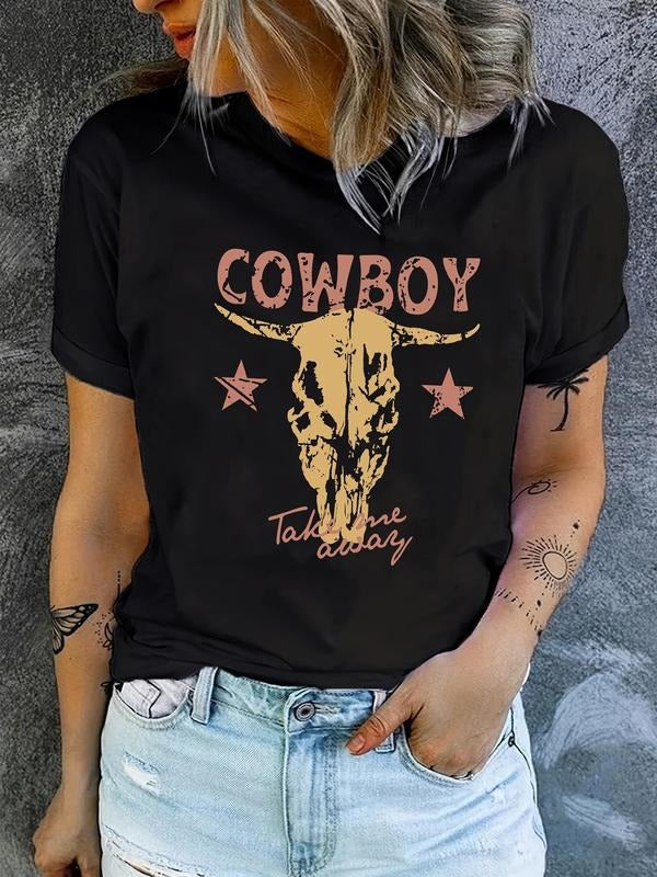 Women'WB shield Cowboy & Lightsaber brand & Letter Print Round Neck Tee, Vintage Trendy Casual Short Sleeve T-shirt for...