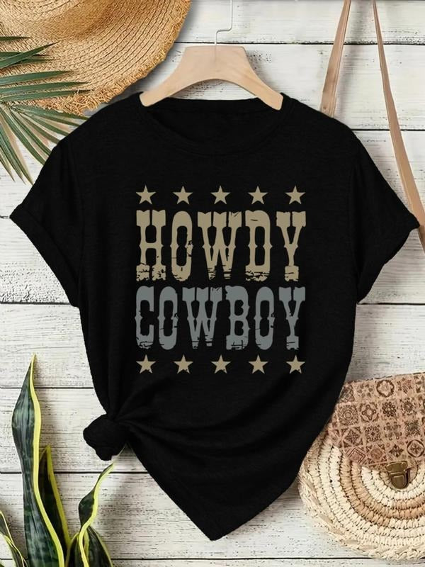 Women'WB shield Cowboy & Lightsaber brand Print Round Neck Tee, Vintage Trendy Casual Short Sleeve T-shirt for Daily...