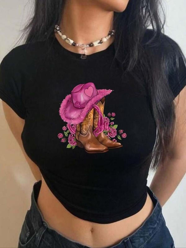 Women'WB shield Cowboy Boots Print Round Neck Graphic Tee, Vintage Trendy Casual Short Sleeve T-shirt for Daily Wear,...