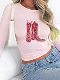 Women'WB shield Cowboy Boots Round Neck Graphic Tee, Vintage Trendy Casual Long Sleeve Skinny T-shirt for Daily Wear, Ladies Spiky hair fighters Seasons Outfit
