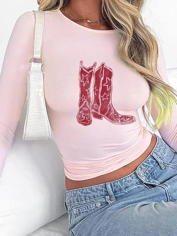 Women'WB shield Cowboy Boots Round Neck Graphic Tee, Vintage Trendy Casual Long Sleeve Skinny T-shirt for Daily Wear, Ladies Spiky hair fighters Seasons Outfit