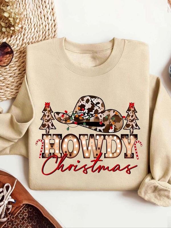 Women'WB shield Cowboy Hat & Letter Print Drop Shoulder Sweatshirt, Casual Long Sleeve Round Neck Pullover for Fall &...