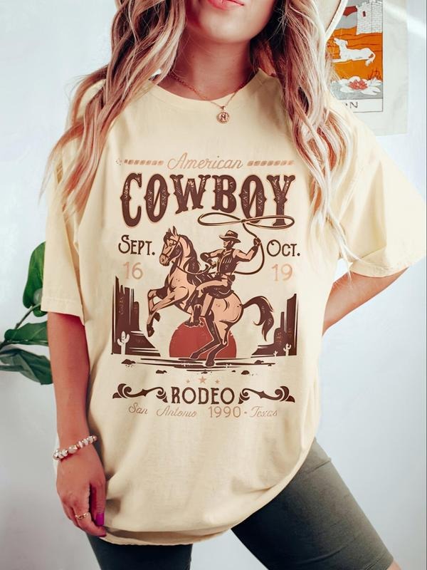 Women'WB shield Cowboy Print Round Neck Graphic Tee, Vintage Trendy Casual Drop Shoulder Half Sleeve T-shirt for Daily...