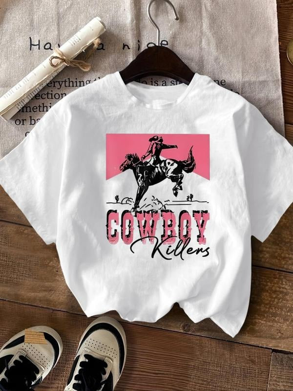 Women'WB shield Cowboy Print Round Neck Tee, Vintage Casual Crew Neck Short Sleeve T-shirt For Daily Wear, Ladies Summer...