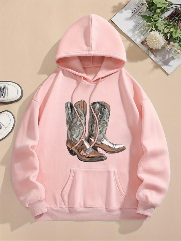 Women'WB shield Cowboy Shoes Print Drawstring Hoodie, Fashion Casual Drawstring Pocket Hooded Sweatshirt for Daily...