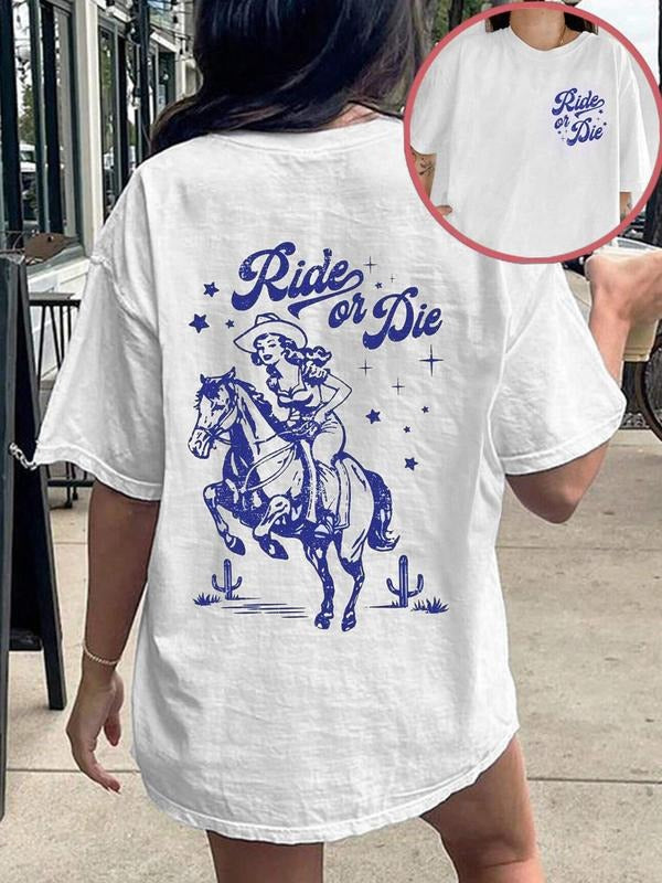 Women'WB shield Cowgirl & Letter Print Round Neck Tee, Casual Half Sleeve T-shirt for Daily Wear, Ladies TNF for Spiky...