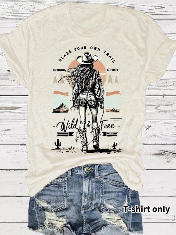 Women'WB shield Cowgirl Graphic Print Round Neck Tee, Vintage Trendy Casual Short Sleeve T-shirt for Daily Wear, Ladies...