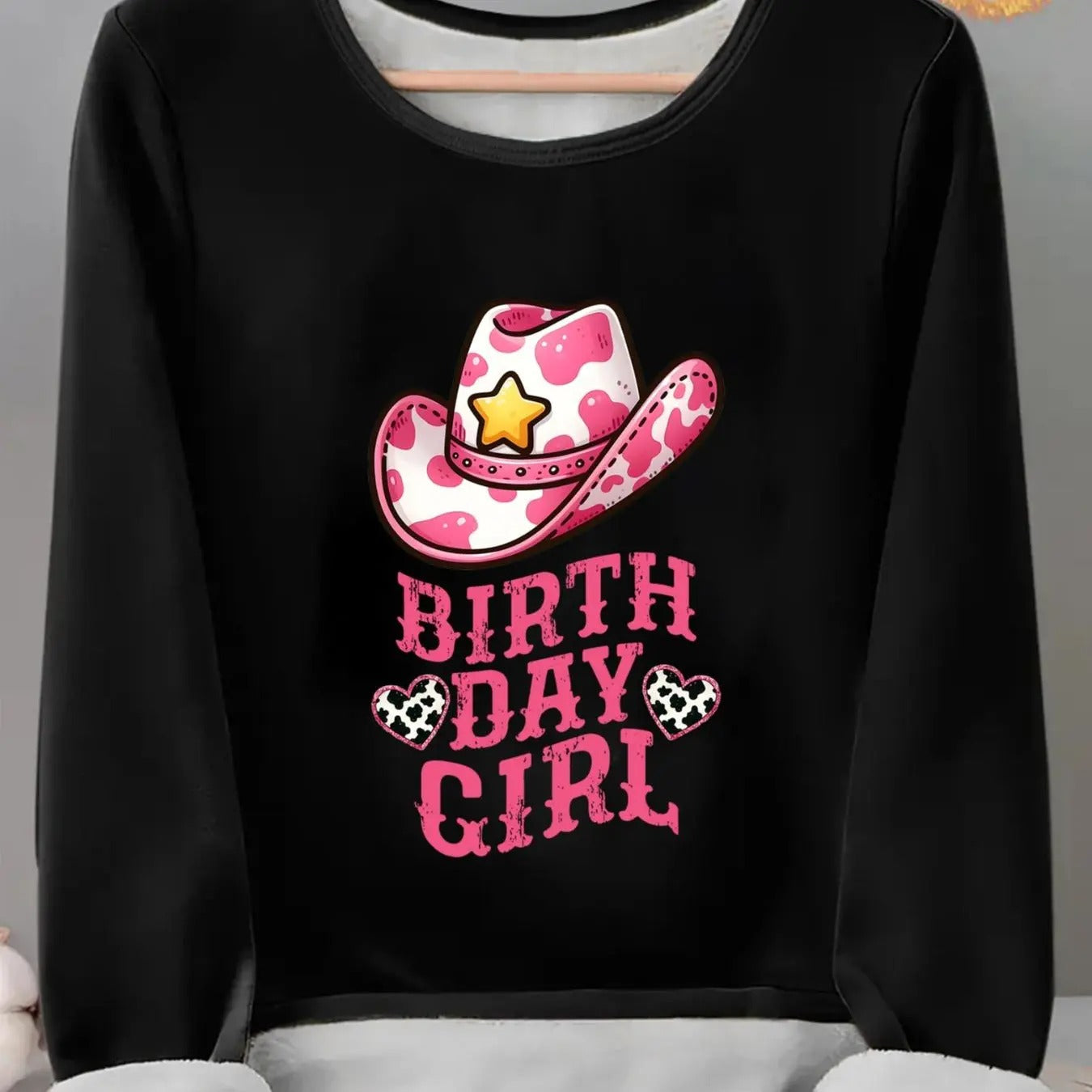 Women'WB shield Cowgirl Hat & Letter Print TNF Lined Tee, Casual Long Sleeve Round Neck T-shirt for Fall & Winter, Ladies...