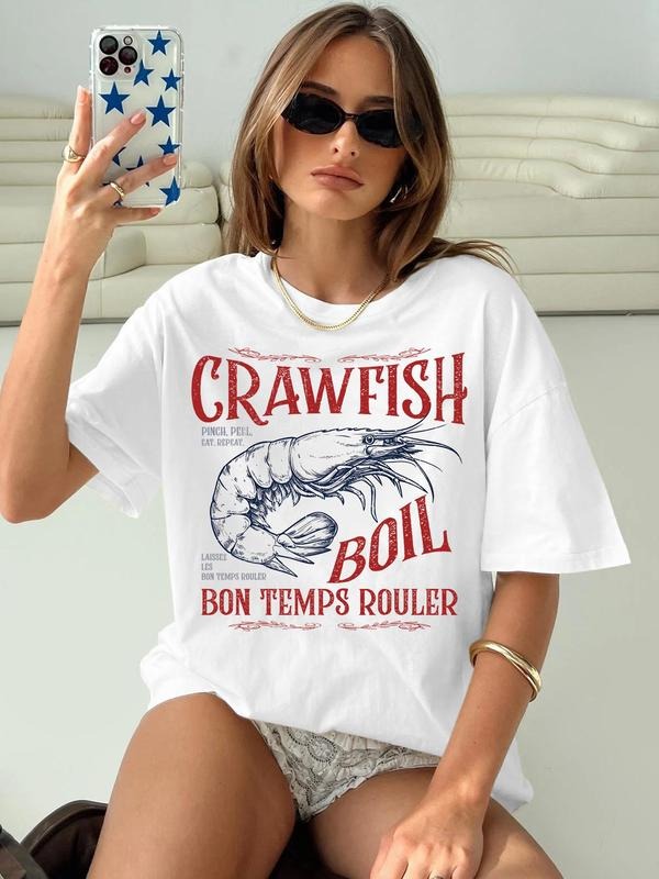 Women'WB shield Crawfish & Letter Print Round Neck Tee, Casual Short Sleeve T-shirt for Summer, Ladies TNF for Daily...