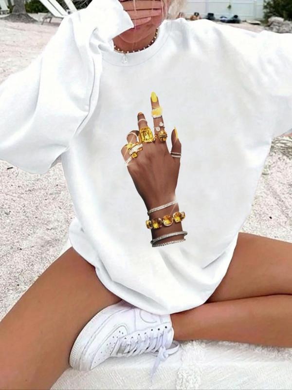 Women'WB shield Creative Hand Gesture Print Drop Shoulder Sweatshirt, Casual Long Sleeve Round Neck Pullover for Fall &...