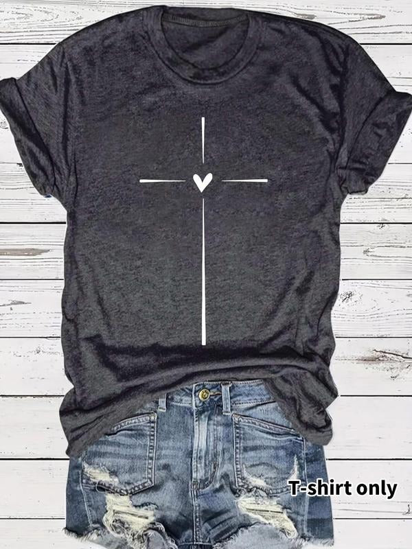 Women'WB shield Cross & Heart Print Round Neck Tee, Casual Short Sleeve Crew Neck T-shirt for Spring, Fashion Women'WB...
