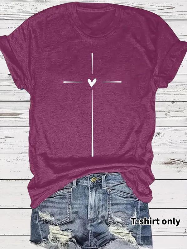 Women'WB shield Cross & Heart Print Round Neck Tee, Casual Short Sleeve Crew Neck T-shirt for Summer, Fashion Women'WB...