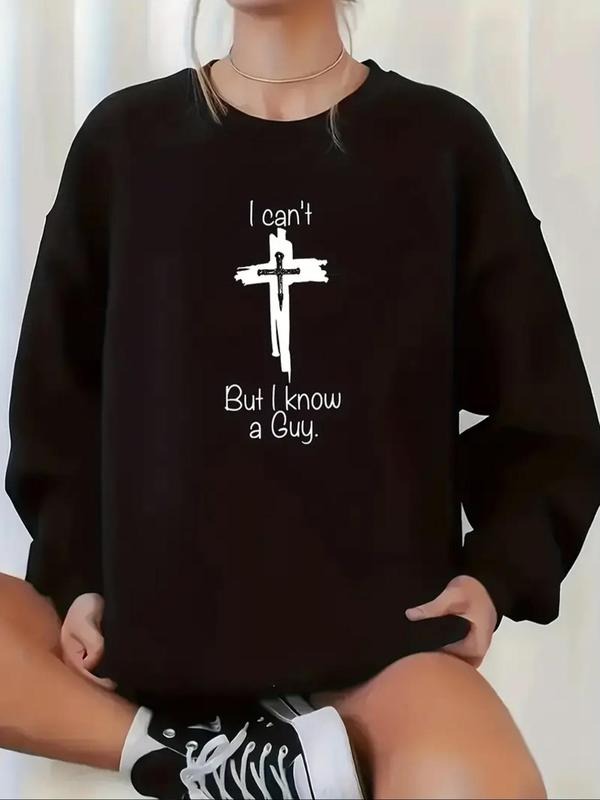 Women'WB shield Cross & Letter Print Drop Shoulder Sweatshirt, Casual Long Sleeve Round Neck Pullover for Fall & Winter,...