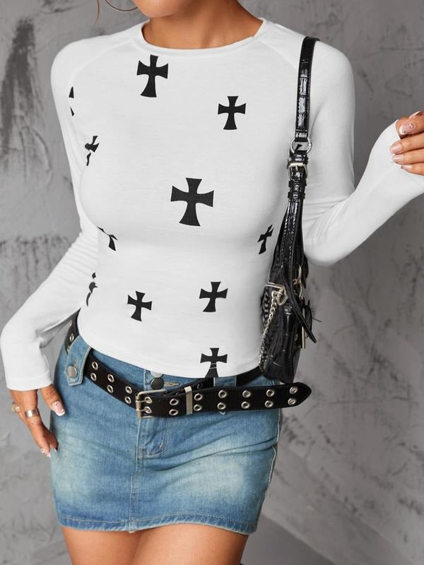 Women'WB shield Cross Print Raglan Sleeve Tee, Casual Graphic Round Neck Long Sleeve T-Shirt for Spring & Fall, Women'WB...