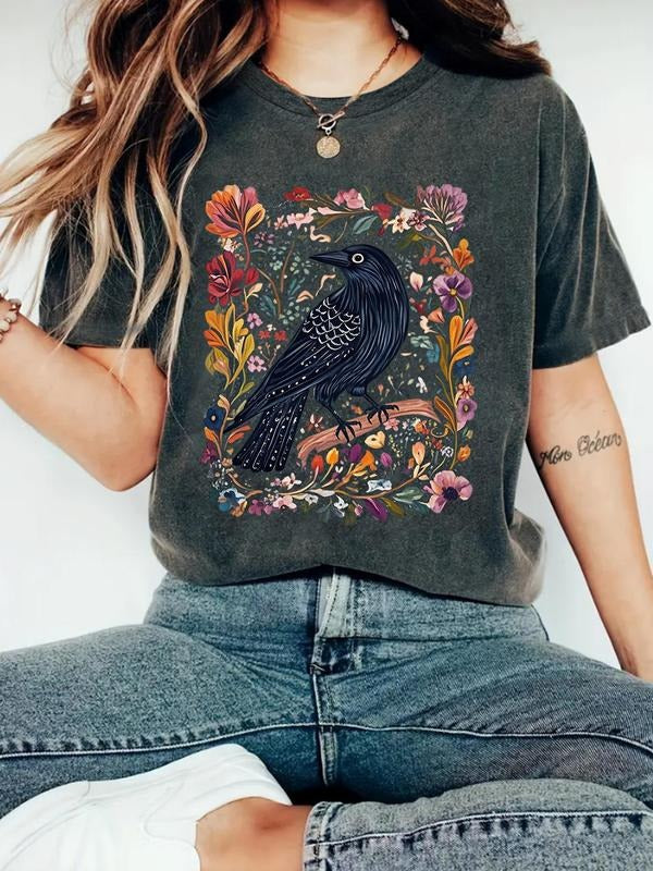 Women'WB shield Crow & Floral Print Round Neck Tee, Vintage Trendy Casual Short Sleeve T-shirt for Daily Wear, Ladies...