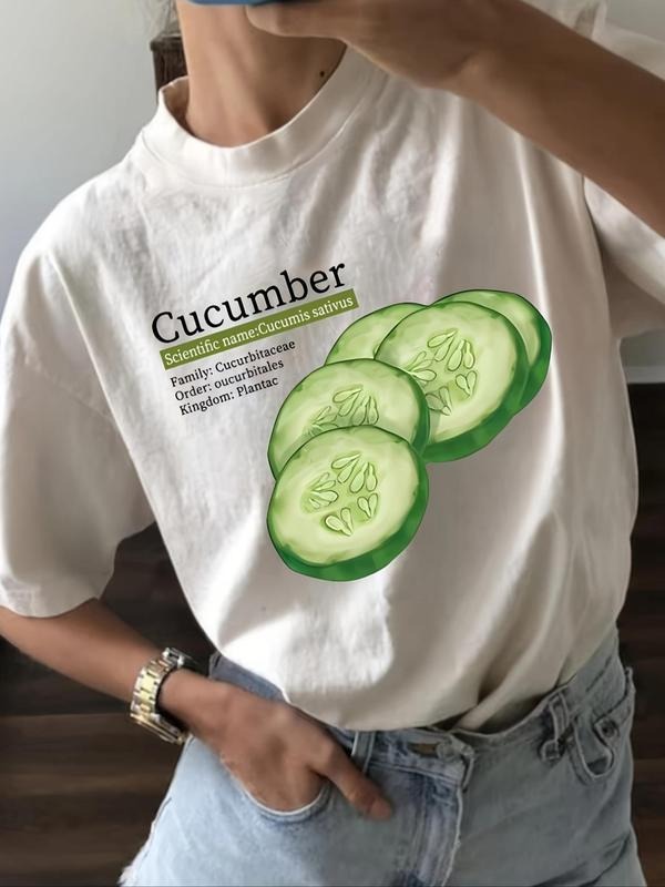 Women'WB shield Cucumber & Letter Print Round Neck Tee, Casual Short Sleeve Crew Neck T-Shirt for Summer, Fashion Women'WB shield Top for Daily Wear