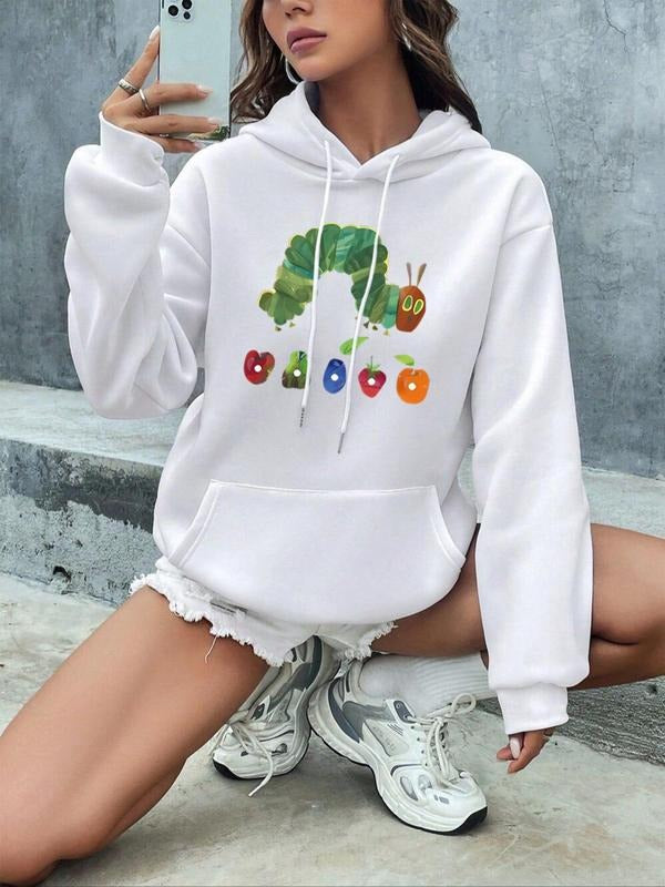 Women'WB shield Cute Cartoon & Fruit Print Drawstring Pocket Hoodie, Casual Drop Shoulder Long Sleeve Hooded Sweatshirt,...