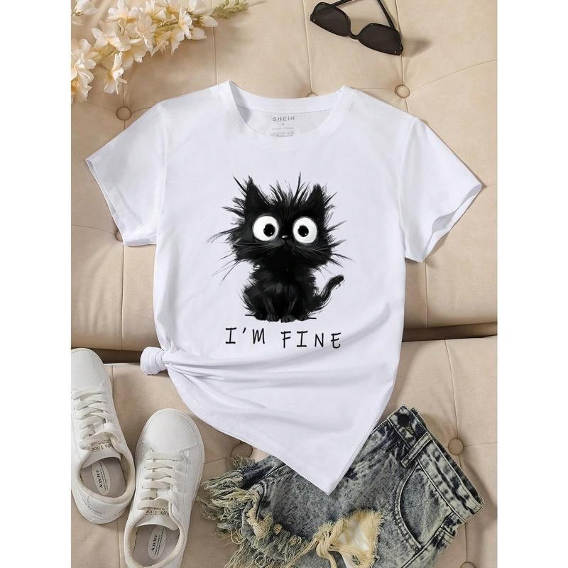 Women'WB shield Cute Cat Pattern Graphic Short Sleeve T-Shirt Fabric Fit Hoodie, Sweatshirt | DripVista.com