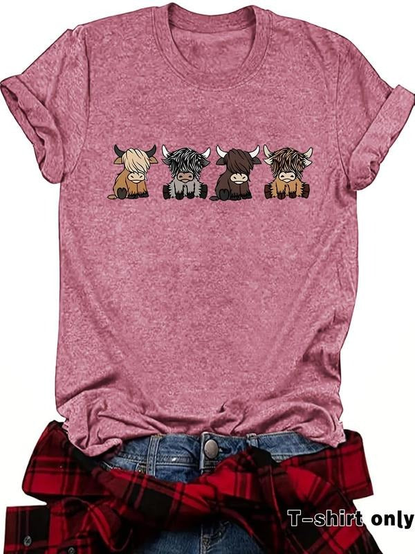 Women'WB shield Cute Cow Print Round Neck Tee, Casual Short Sleeve Crew Neck T-Shirt for Summer, Fashion Women'WB shield...