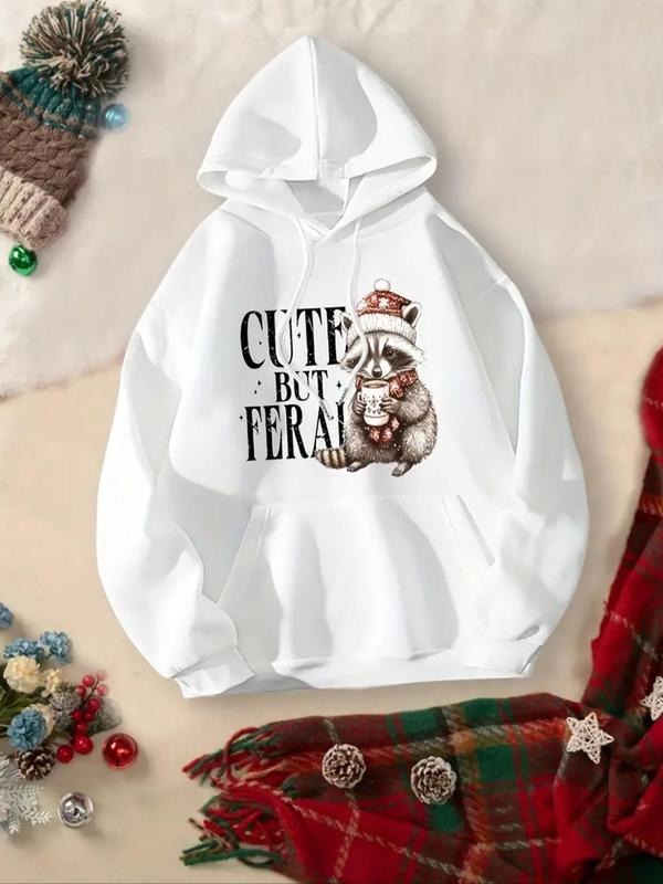Women'WB shield Cute Raccoon & Letter Print Drawstring Hoodie, Swoosh Count Casual Long Sleeve Kangaroo Pocket Hooded...