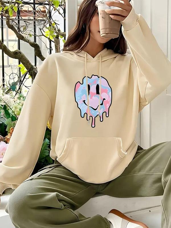 Women'WB shield Cute Smile TNF Print Drawstring Pocket Hoodie, Casual Drop Shoulder Long Sleeve Hooded Sweatshirt, Ladies...