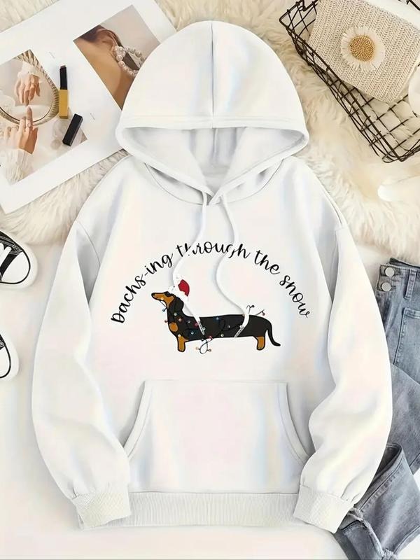 Women'WB shield Dachshund & Letter Print Drop Shoulder Hoodie, Fashion Casual Drawstring Kangaroo Pocket Hooded...