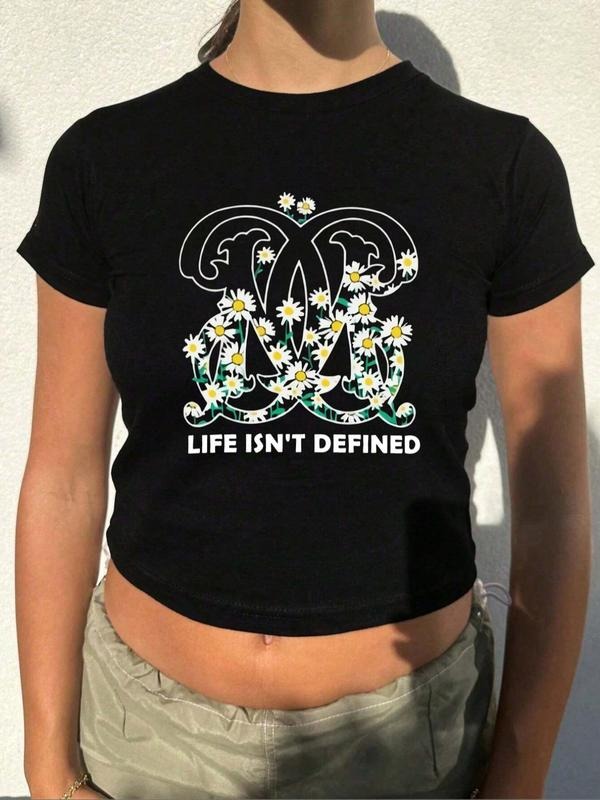 Women'WB shield Daisy & Letter Print Round Neck Tee, Vintage Trendy Short Sleeve T-shirt for Daily Wear, Ladies Summer...