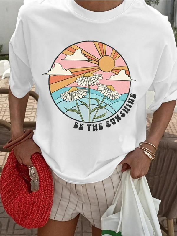 Women'WB shield Daisy & Sun Print Round Neck Graphic Tee, Vintage Trendy Casual Short Sleeve T-shirt for Daily Wear,...