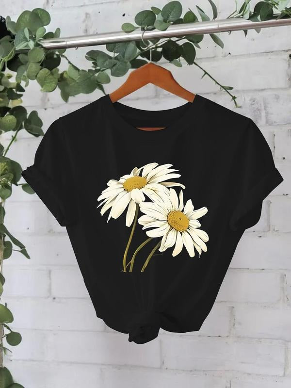 Women'WB shield Daisy Print Round Neck Tee, Casual Short Sleeve Crew Neck T-Shirt for Summer, Fashion Women'WB shield Top...