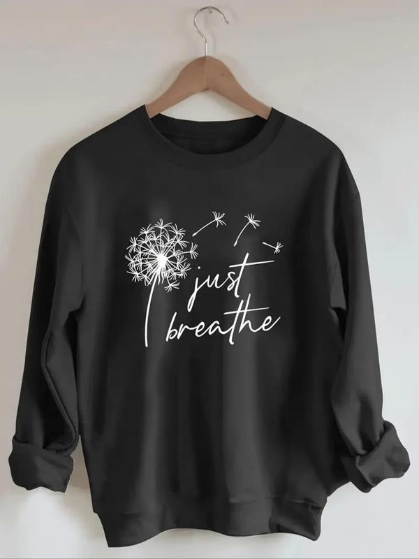 Women'WB shield Dandelion & Letter Print Crew Neck Sweatshirt, Casual Long Sleeve Pullover for Fall & Winter, Women'WB...