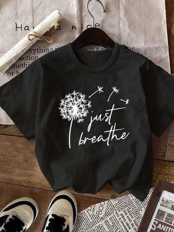 Women'WB shield Dandelion & Letter Print Round Neck Graphic Tee, Vintage Trendy Casual Short Sleeve T-shirt for Daily Wear, Ladies Summer Outfit