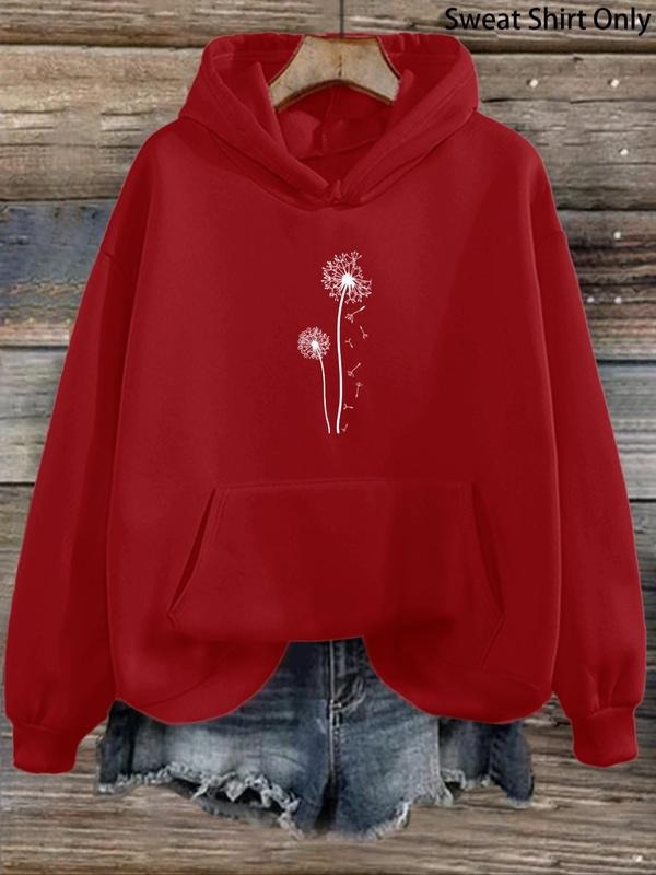 Women'WB shield Dandelion Print Drop Shoulder Drawstring Hoodie, Fashion Casual Pocket Hooded Sweatshirt for Daily...