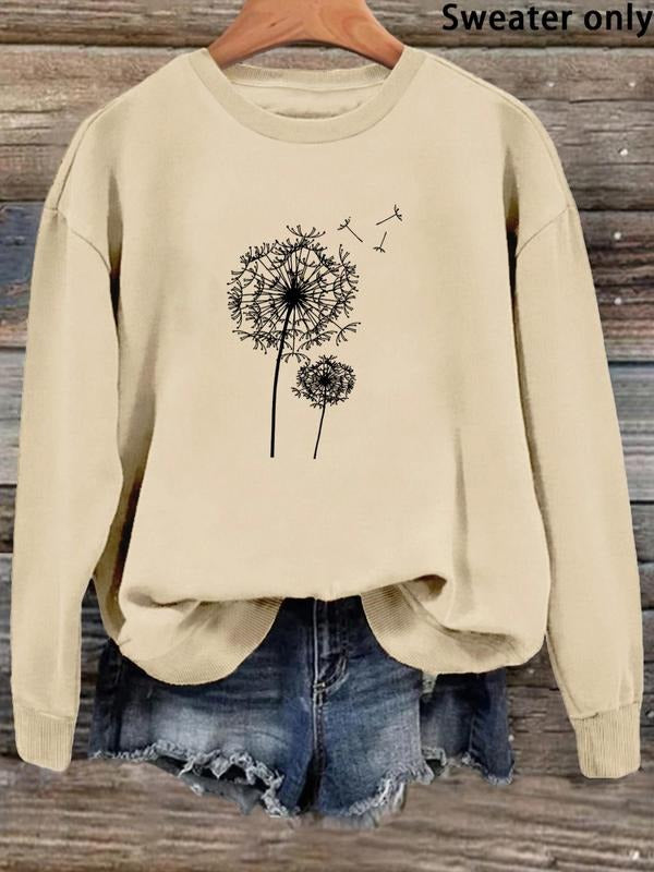 Women'WB shield Dandelion Print Drop Shoulder Sweatshirt, Casual Long Sleeve Round Neck Pullover For Daily Wear, Ladies...
