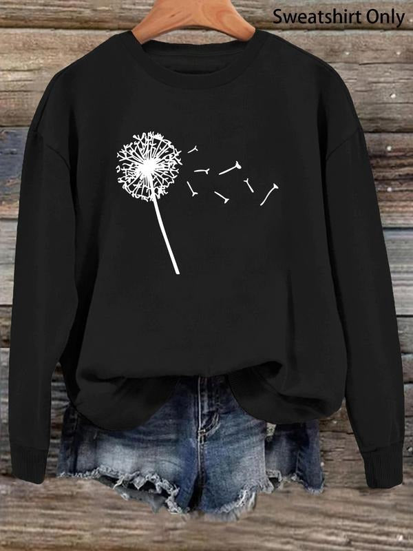 Women'WB shield Dandelion Print Drop Shoulder Sweatshirt, Trendy Long Sleeve Round Neck Pullover, Ladies TNF for Daily...