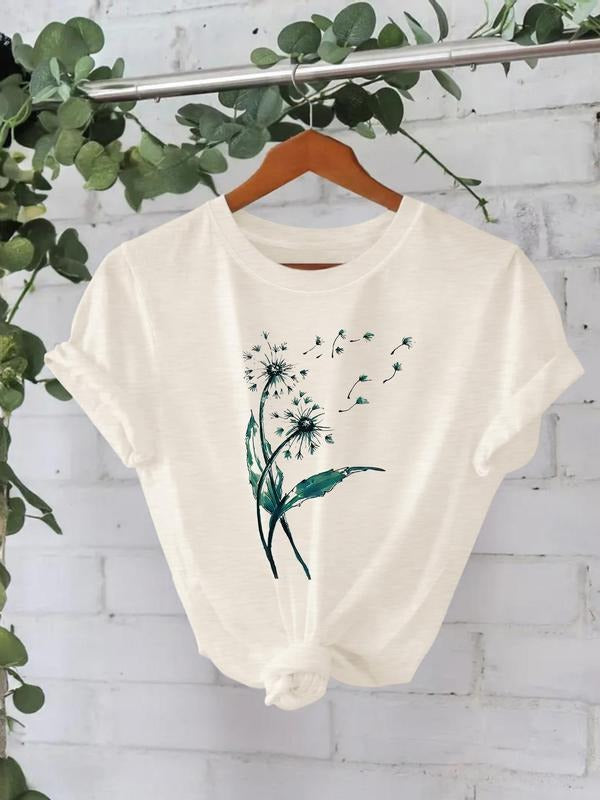 Women'WB shield Dandelion Print Round Neck Tee, Casual Short Sleeve Crew Neck T-Shirt for Summer, Fashion Women'WB shield...