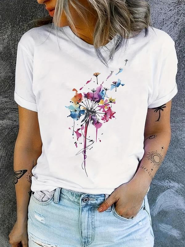 Women'WB shield Dandelion Print Round Neck Tee, Casual Short Sleeve T-shirt for Daily Wear, Ladies Spiky hair fighters...
