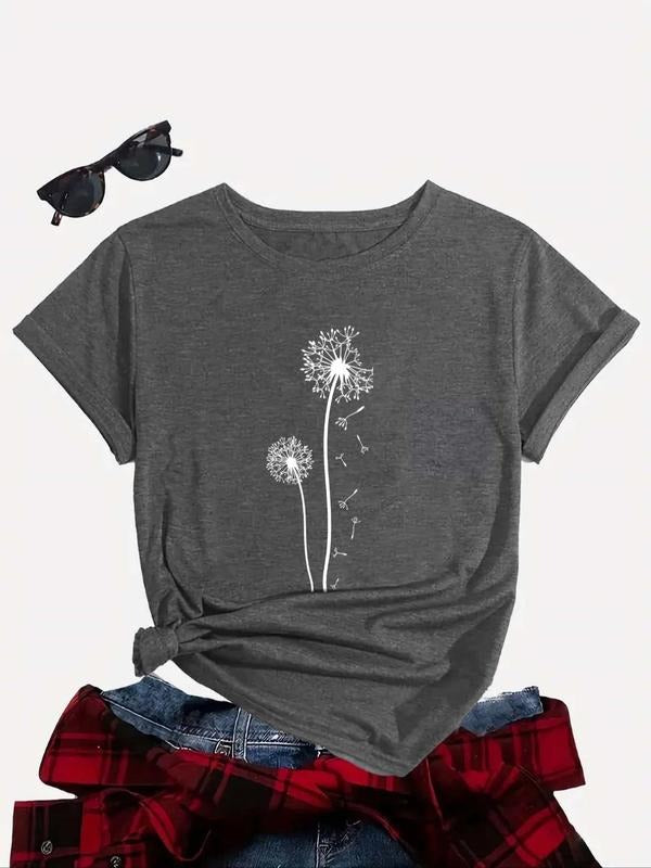 Women'WB shield Dandelion Print Round Neck Tee, Fashion Casual Short Sleeve T-shirt, Ladies Summer TNF for Daily Wear...