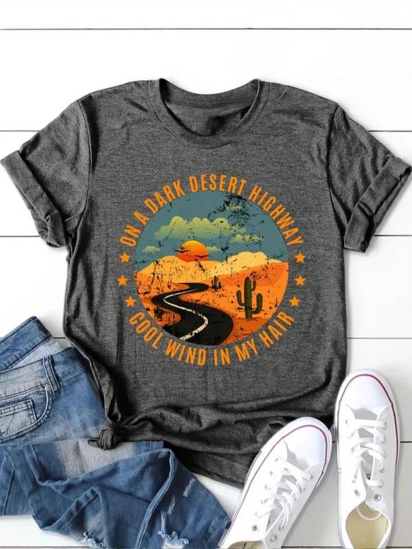 Women'WB shield Desert & Letter Print Round Neck Tee, Trendy Casual Short Sleeve T-Shirt for Daily Wear, Ladies Summer...