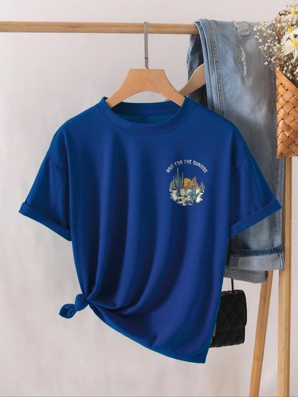 Women'WB shield Desert Landscape & Letter Print Round Neck Tee, Casual Short Sleeve Drop Shoulder Short Sleeve T-shirt...
