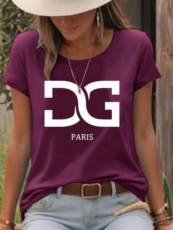 Women'WB shield Dg Paris Print Round Neck Tee, Casual Short Sleeve Crew Neck T-Shirt for Spring & Summer, Fashion...
